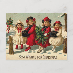 Christmas Vintage Girls In The Snow Holiday Postcard