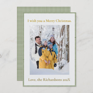 Christmas Vintage Green Gingham Plaid Photo Custom Holiday Card