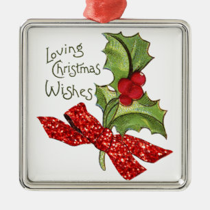 Christmas Vintage Holly with 'Glitter' Bow Metal Tree Decoration