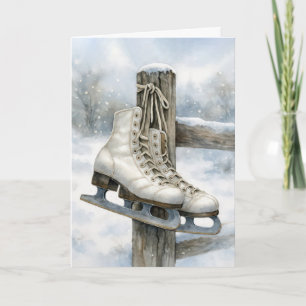 Christmas Vintage Ice Skates On Fence Post Card