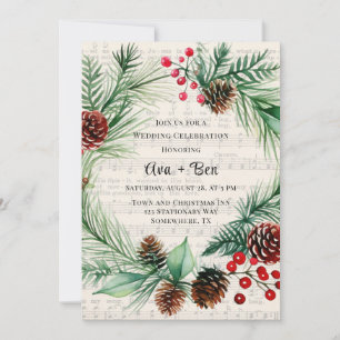 Christmas Vintage Music Red Berry Wreath Wedding  Invitation