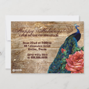 Christmas Vintage Photo Card Peacock Rose Wood