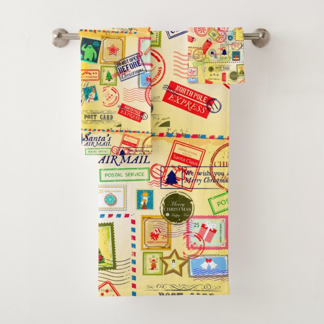 Christmas Vintage Postcard & Stamps Pattern Bath Towel Set (Insitu)