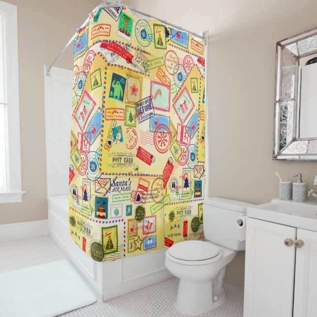 Christmas Vintage Postcard & Stamps Pattern Shower Curtain (In Situ)