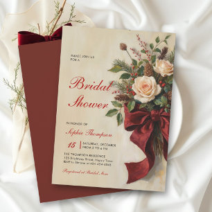 Christmas Vintage Red Bow Floral Bridal Shower Invitation