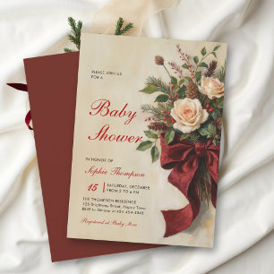 Christmas Vintage Red Bow Winter Flora Baby Shower Invitation
