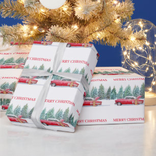 Christmas Vintage red car snowy landscape Wrapping Paper