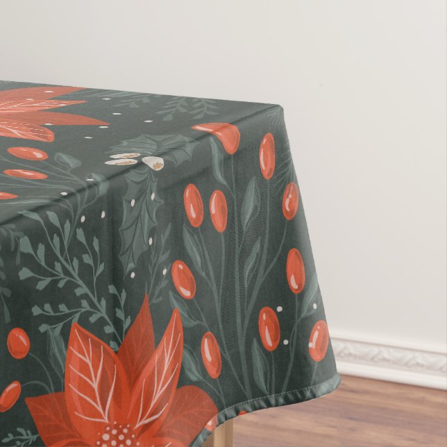Christmas Vintage Red Green Berries Poinsettia Tablecloth (In Situ)