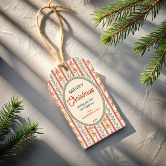 Christmas vintage red green stripes with bells gift tags