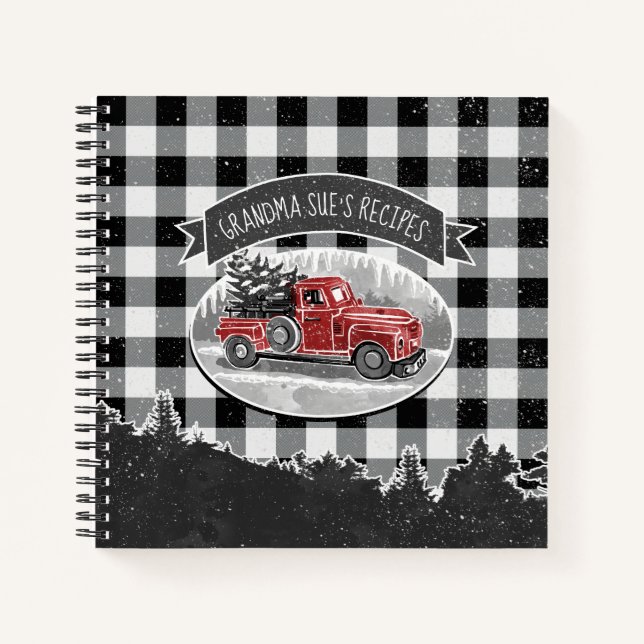 Christmas Vintage Red Truck Buffalo Plaid Recipe Notebook (Front)