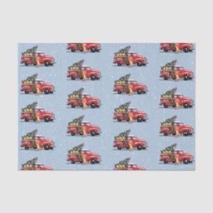 Christmas Vintage Red Truck Dogs Blue Grey Snow Tissue Paper