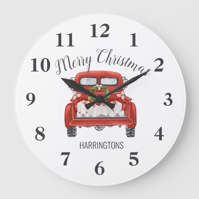 Christmas Vintage Red Truck Family Name Large Clock (Front)
