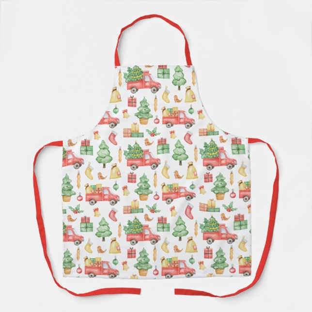Christmas Vintage Red Truck Pattern Apron (Front)