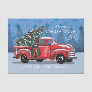 Christmas Vintage Red Truck Snow Scene Family Name Tissue Paper
