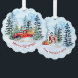 Christmas Vintage Red Truck  Snowman Family Tree Decoration Card<br><div class="desc">A beautiful warm and cosy winter scene with a vintge red truck loaded with gifts and a Christmas tree bringing Merry
Christmas wishes to you.
On the back a snowman family sends the greetings to your friends.</div>