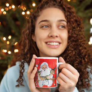 Christmas Vintage Santa Claus Holding Two Fawns Two-Tone Coffee Mug