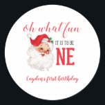 Christmas Vintage Santa First Birthday Classic Round Sticker<br><div class="desc">Oh what fun,  it is to be One! Christmas Vintage Santa first birthday party.</div>