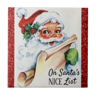 Christmas Vintage Santa Nice List Red Glitter Tile