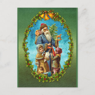 Christmas Vintage Santa w/Kids Xmas Tree & Toys Postcard