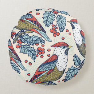 Christmas vintage seamless pattern with waxwings a round cushion