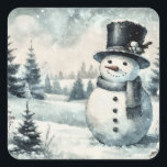 Christmas Vintage Snowman Square Sticker<br><div class="desc">Embrace the timeless charm of winter with this vintage-style snowman sticker, beautifully rendered in soft watercolor strokes. Featuring a classic snowman with a top hat and carrot nose, this enchanting scene captures the serene beauty of a snow-dusted landscape. Perfect for holiday decorations or as a thoughtful gift, this sticker brings...</div>