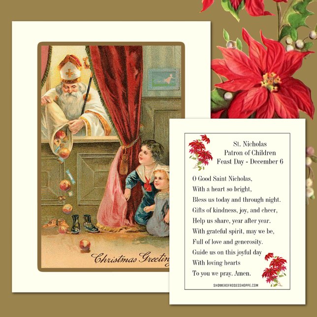 Christmas Vintage St. Nicholas Prayer Card  (Beautiful traditional Christmas vintage image of St. Nicholas giving candy to children with prayer.)
