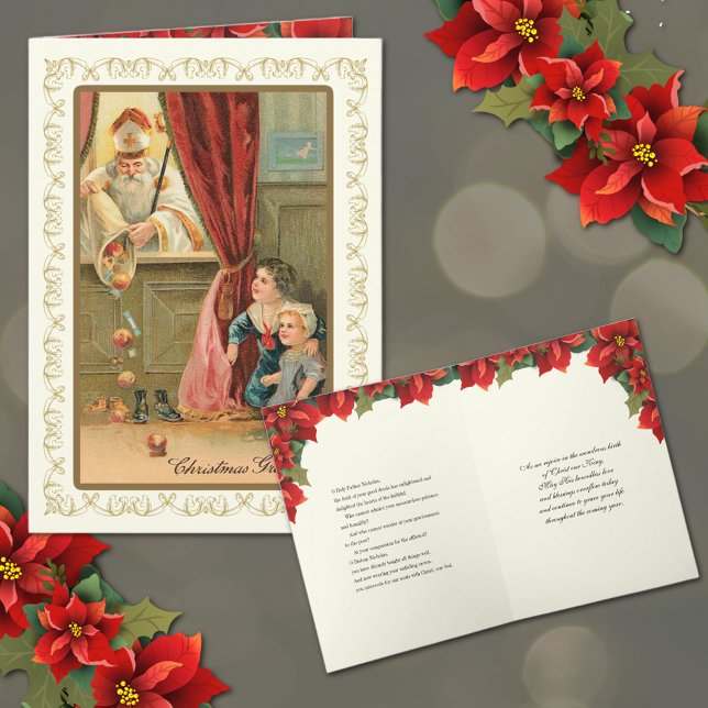 Christmas Vintage St. Nicholas Prayer Religious Holiday Card (St. Nicholas with Children Christmas Greeting card with prayer inside. )