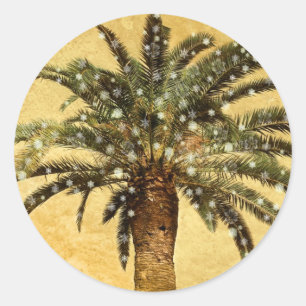 Christmas Vintage Tropical Palm Tree w Snowflakes Classic Round Sticker