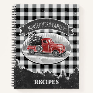 Christmas Vintage Truck Black Buffalo Plaid Recipe Notebook