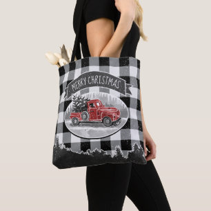 Christmas Vintage Truck Black White Buffalo Check Tote Bag