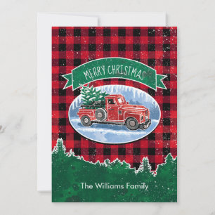 Christmas Vintage Truck Red Buffalo Plaid Family Holiday Card