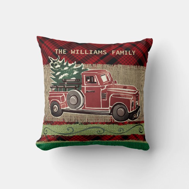 Christmas Vintage Truck Red Plaid Faux Burlap Cushion (Front)