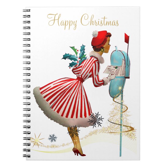 Christmas vintage woman gold Xmas tree glitter Notebook (Front)