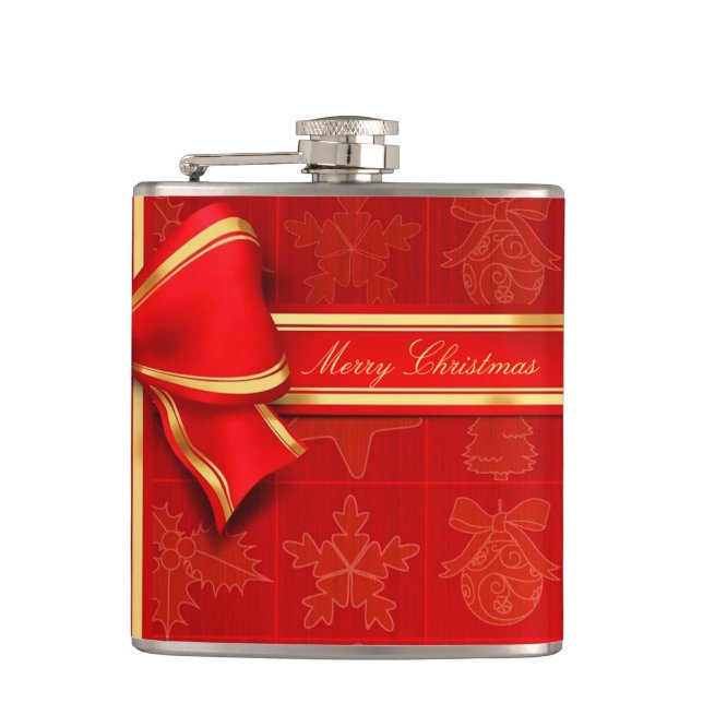 Christmas Vinyl Wrapped Flask/RedBow Hip Flask (Front)