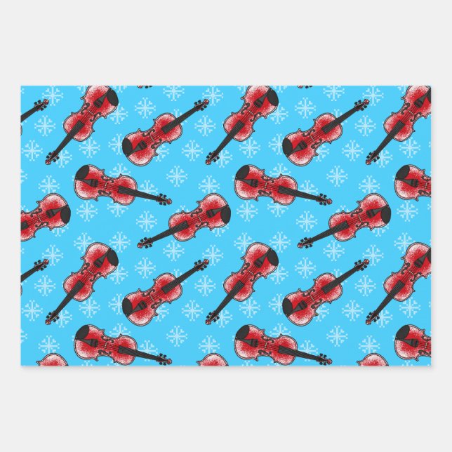 Christmas Violin Violinist Musician Pattern Wrapping Paper Sheet (Front)