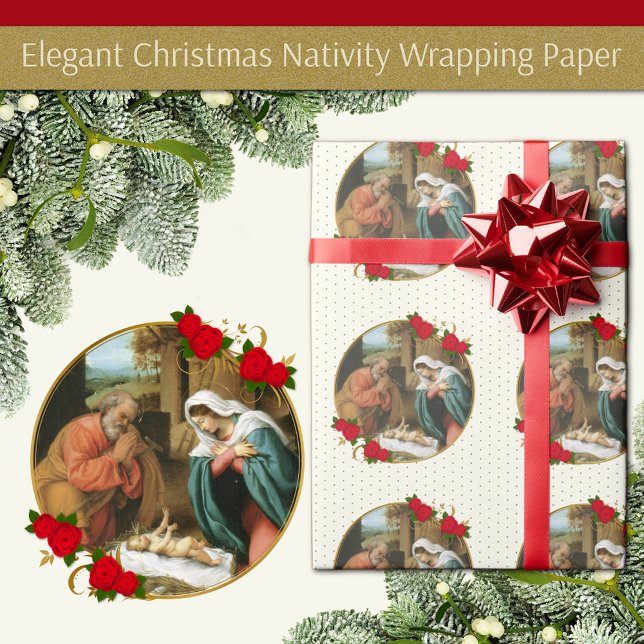 Christmas Virgin Mary Baby Jesus Joseph Nativity W Wrapping Paper (Christmas Nativity birth of Jesus with Mary and Joseph. Accented with red roses)