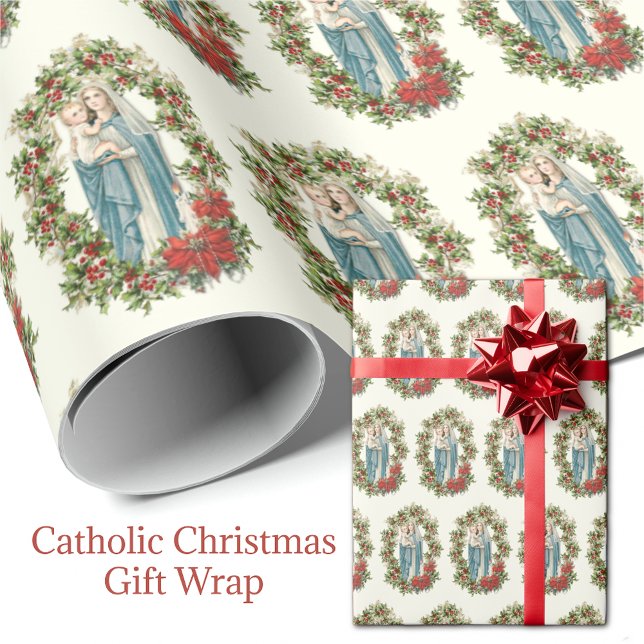 Christmas Virgin Mary Jesus Poinsettia Rosary Wrapping Paper (Traditional Catholic Blessed Virgin Mary Baby Jesus Red Poinsettias and Holy Rosary. )