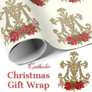 Christmas Virgin Mary Monogram Poinsettia Wrapping Paper