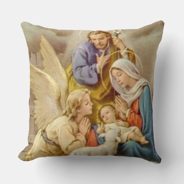 Christmas Virgin Mary, St. Joseph, Jesus, & angel Cushion (Front)