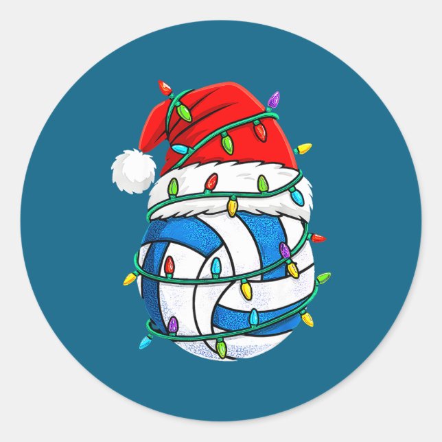 Christmas Volleyball Santa Hat Lights Srts Xmas Pa Classic Round Sticker (Front)