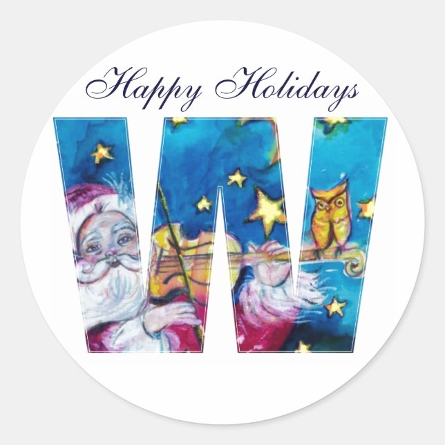 CHRISTMAS W LETTER / INSPIRED SANTA MONOGRAM CLASSIC ROUND STICKER (Front)