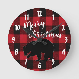 Christmas Wall Clock Red Plaid Black Bear