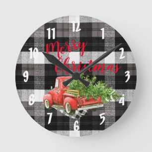 Christmas Wall Clock Red XMAS Truck Plaid