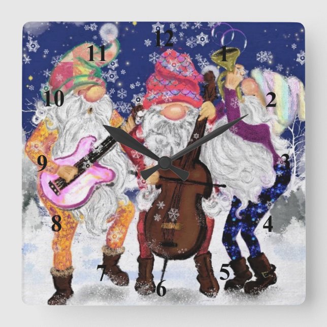 Christmas Wall Clock with Gnome Music Band (Front)