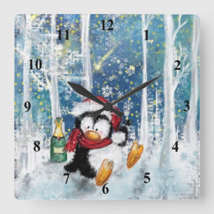 Christmas Wall Clock with Happy Party Penguin