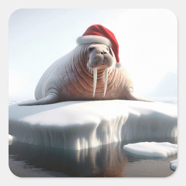Christmas Walrus Wearing a Santa Hat Square Sticker (Front)