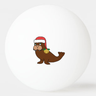 Christmas Walrus with Santa Hat & Gold Bell Ping Pong Ball