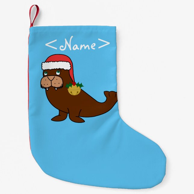 Christmas Walrus with Santa Hat & Gold Bell Small Christmas Stocking (Front)