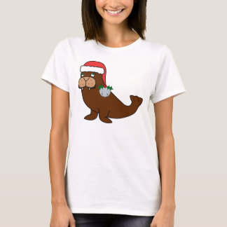 Christmas Walrus with Santa Hat & Silver Bell T-Shirt