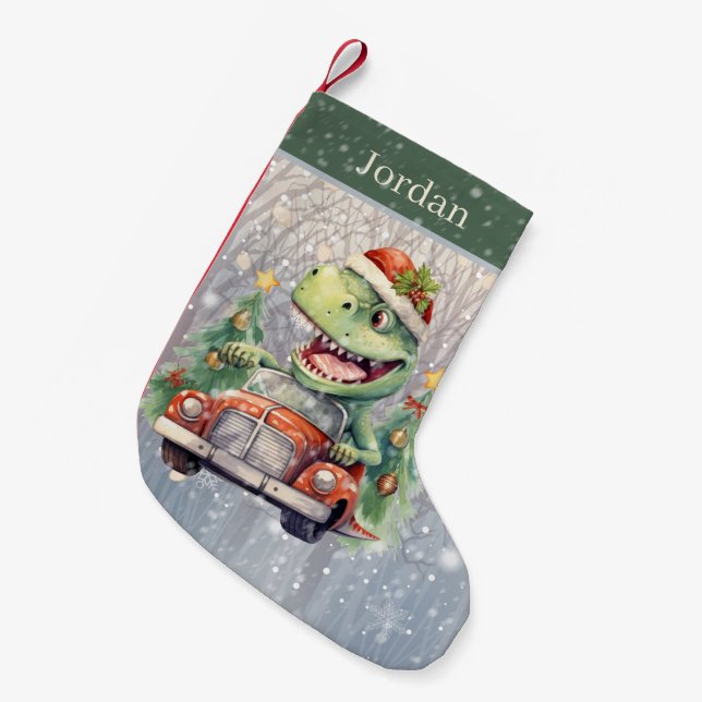 Christmas watercolor add name dinosaur small christmas stocking (Front (Hanging))